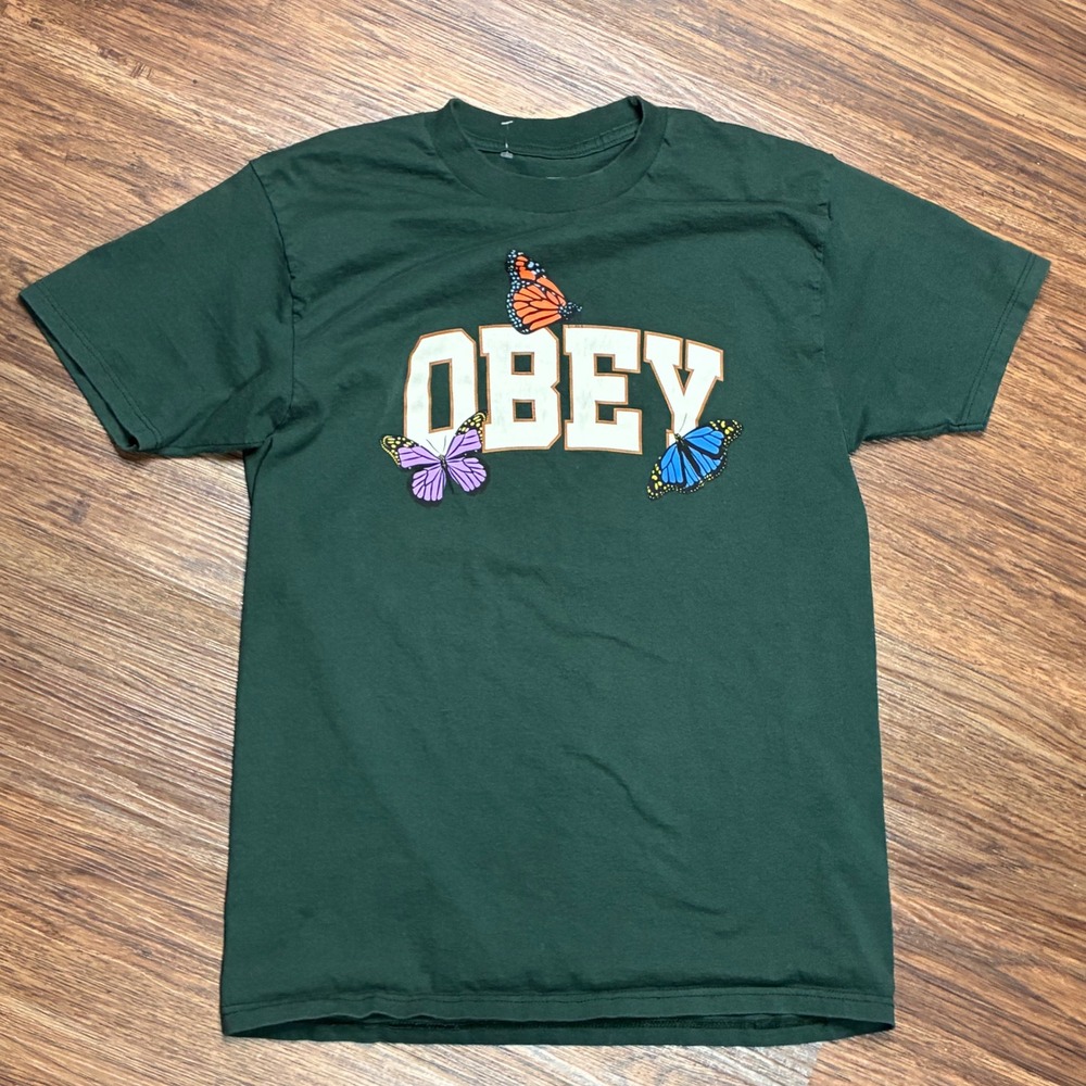 Obey Butterfly Graphic T-Shirt Green Medium Streetwear Skate Tee